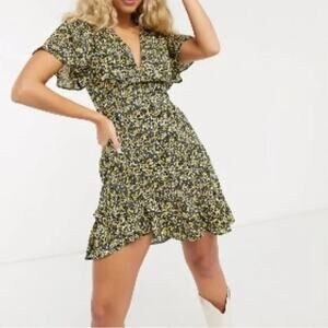 Topshop Ditsy Tea Floral Mini Dress Black Yellow Ruffle Hem Flutter Sleeve Sz 10